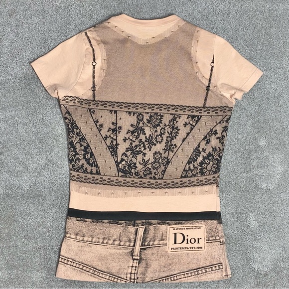 S VTG Y2k AUTH Christian Dior 2006 Trompe L'oeil Denim Lace Tee Shirt Logo Top - Picture 10 of 15